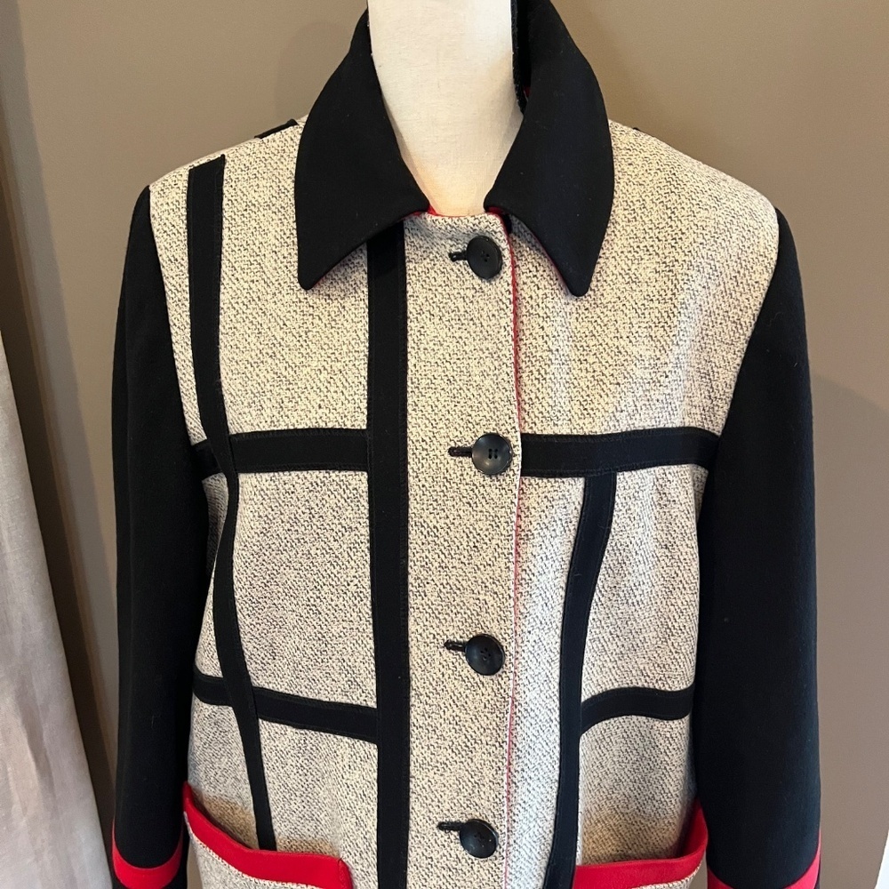 Women's Vintage Spencer Reid Wool Blend Coat, Cream, Red & Black, Size 8 - Picture 2 of 14